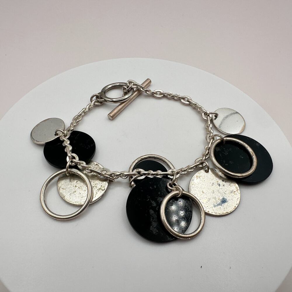 Vintage Y2K Silver Tone Black Disc Charm Bracelet Geometric Boho Fashion Jewelry